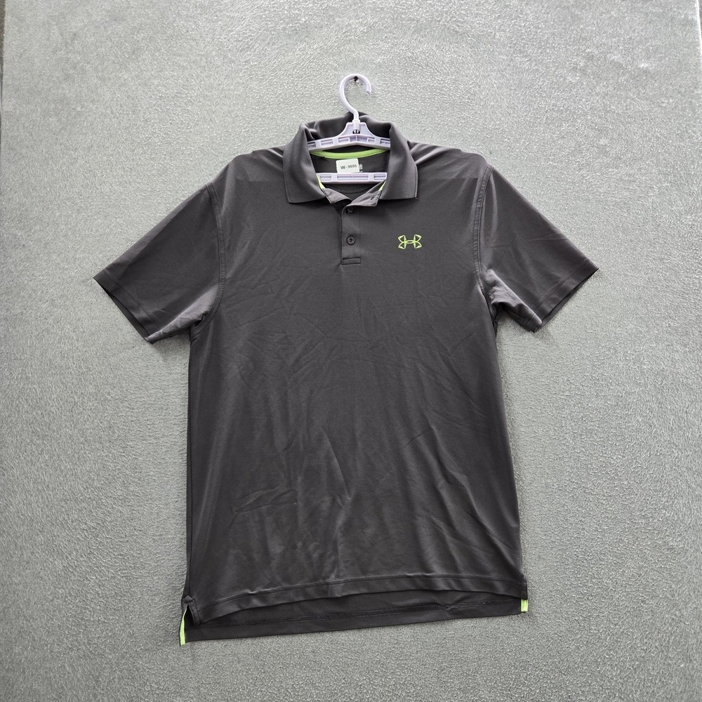 Under Armour Men Polo L/G Gray Embroidered Logo Heatgear Activewear Button